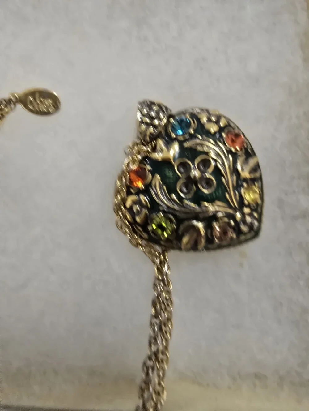 Vintage Joan Rivers Heart Pendant Necklace with Green Enamel and Crystals